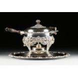 A WEBSTER WILCOX SILVERPLATE LIDDED CHAFFING DISH ON STAND WITH TRAY, MARKED, AMERICAN, 20TH