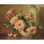 VOLNEY ALLAN RICHARDSON (American/Texas 1880-1955) A PAINTING, "Pink Roses in a Blue Bowl," oil on