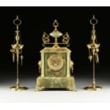 A NEO GREC GILT BRONZE MOUNTED GREEN AGATE CLOCK AND PAIR OF "AFTER THE ANTIQUE" BRASS OIL LAMPS,