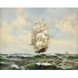 ENGLISH SCHOOL,"Three Masted Barque in a Choppy Emerald Sea," SIGNED COOPER, 20TH CENTURY, oil on