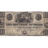 A REPUBLIC OF TEXAS 100 DOLLAR TREASURY BANK NOTE, MIRABEAU B. LAMAR, SIGNED, MAY 28, 1839,