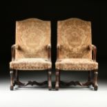 A PAIR OF LOUIS XIV STYLE CUT VELVET UPHOLSTERED AND CARVED WALNUT TALL BACK ARMCHAIRS, 19TH