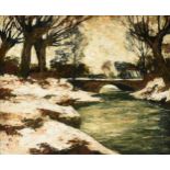 GERMAN EXPRESSIONIST, A PAINTING, "Snowy Bridge with Trees in Landscape," EARLY/MID 20TH CENTURY,