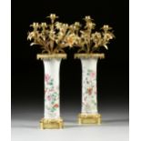 A PAIR OF BELLE ÉPOQUE ORMOLU MOUNTED CHINESE PORCELAIN FIVE LIGHT CANDELABRA, each fitted with a