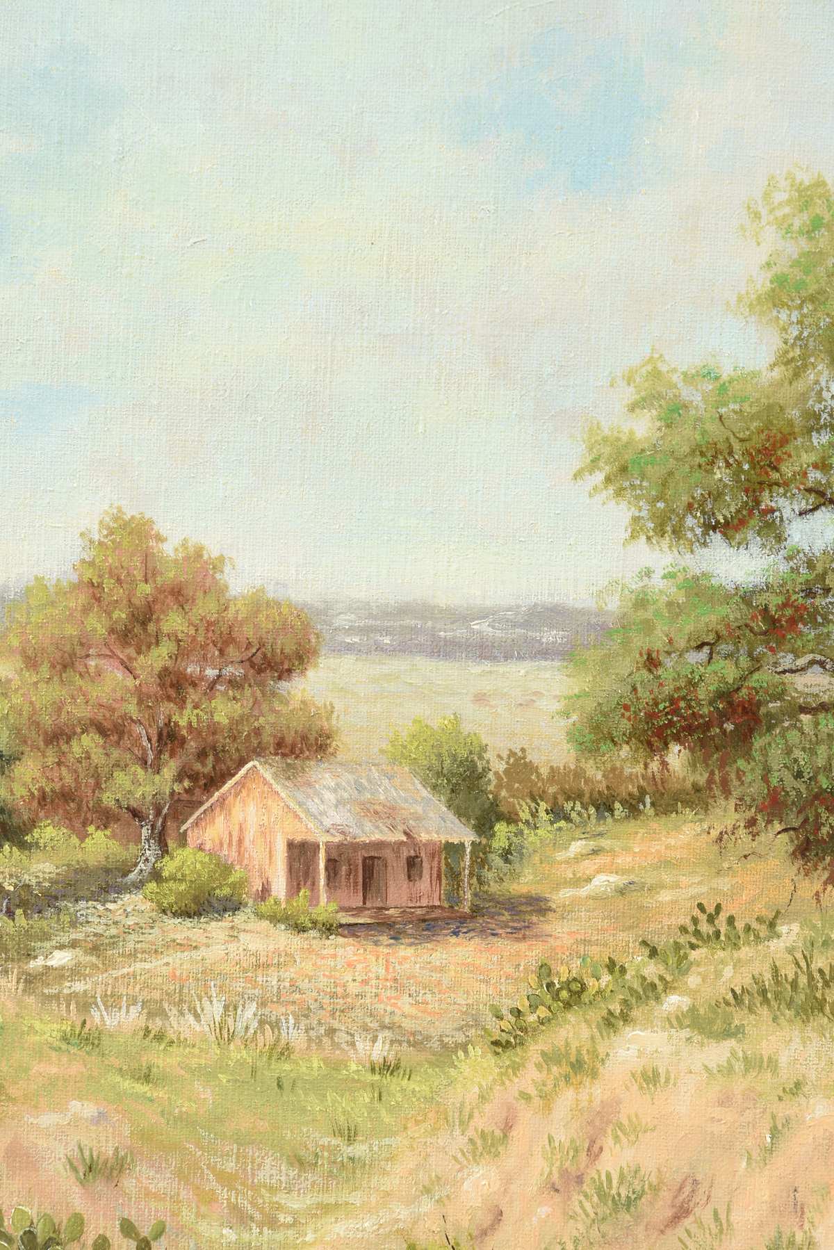 V.E. HEATH (American/Texas 20th Century) A PAINTING, "Pioneer Cabin in the Texas Hill Country," - Image 5 of 14