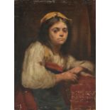 ITALIAN SCHOOL, A PAINTING, "Gypsy Girl with Goatskin Cap," oil on board. 9 1/2" x 7 1/8" Some