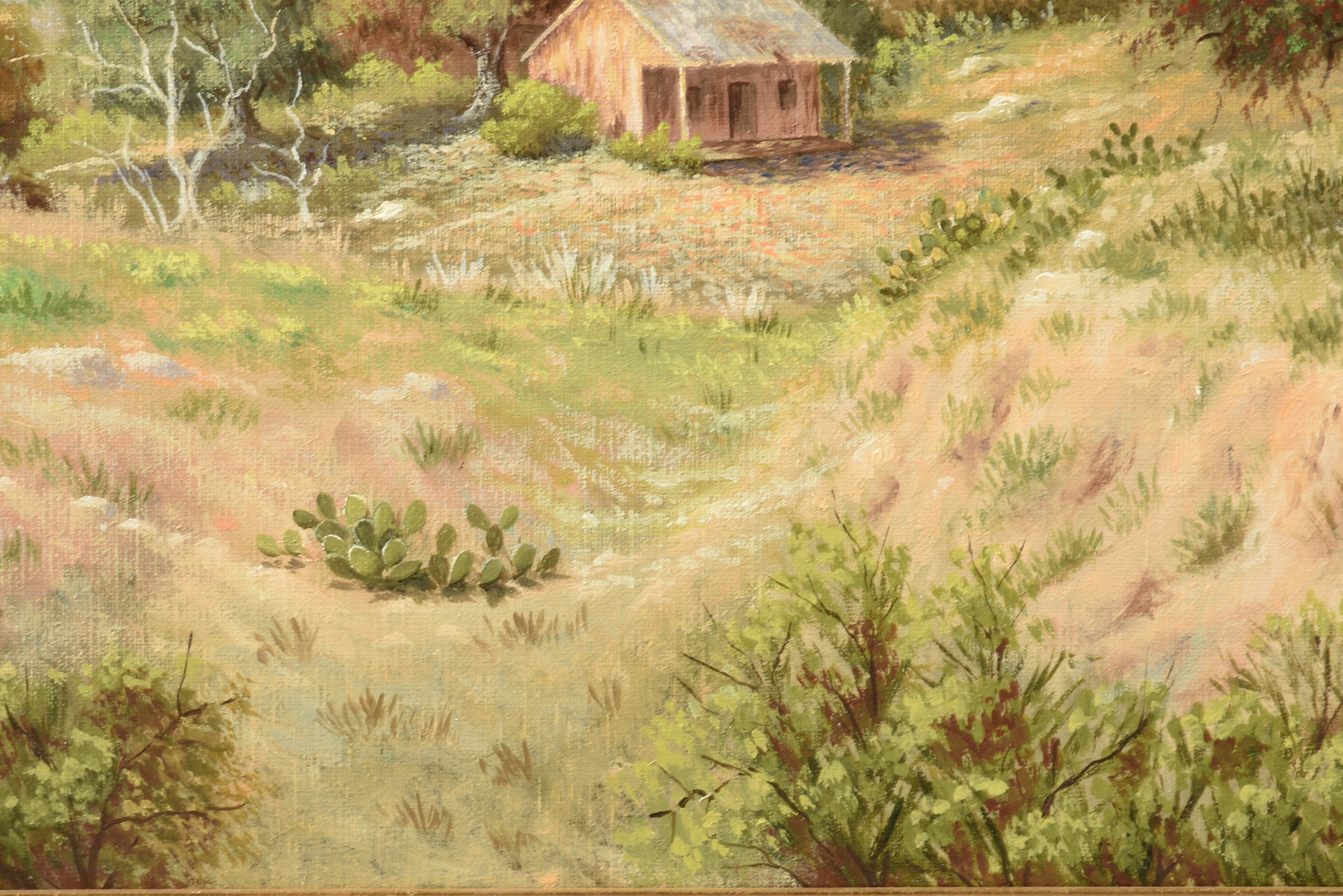 V.E. HEATH (American/Texas 20th Century) A PAINTING, "Pioneer Cabin in the Texas Hill Country," - Image 9 of 14