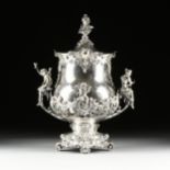 A ROCOCO REVIVAL STYLE SILVERPLATED AND LIDDED PUNCH URN, 20TH CENTURY, of bombé vasiform with a
