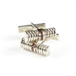 A PAIR OF TIFFANY & CO. 14K YELLOW GOLD, STERLING SILVER AND RUBY GENTLEMAN'S CUFFLINKS, MID/LATE