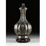 AN ANTIQUE CHINESE POLYCHROME ON BLACK GROUND ENAMELED CLOISONNÉ BOTTLE FORM MELON VASE LAMP, EARLY