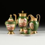 A FIFTEEN PIECE EMPIRE PARCEL GILT MOSS GREEN "VIEUX PARIS," TOPOGRAPHICAL COFFEE SET, FIRST HALF