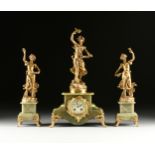 AN ART NOUVEAU GILT METAL AND ONYX THREE PIECE CLOCK GARNITURE, "VANDEGUESE," CHARLES RUCHOT (French