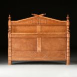 AN AESTHETIC MOVEMENT BAMBOO FORM BURL MAPLE AND CHERRY BED, 1870-1890, the arched pediment crests