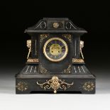 A FRENCH NEO GREC BRONZE MOUNTED BLACK MARBLE MANTLE CLOCK, CIRCA 1870, with a carved scrolling
