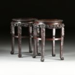 A PAIR OF CHINESE CARVED ROSEWOOD SIDE TABLES, LATE 20TH CENTURY, each of circular form and