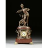 A RENAISSANCE REVIVAL PATINATED METAL AND ROUGE GRIOTTE MARBLE FIGURAL MANTLE CLOCK, FRENCH, 1880,