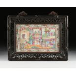 A CHINESE EXPORT ROSE MEDALLION PORCELAIN PLAQUE IN A ZITAN FRAME, ATTRIBUTED TO THE GUANGXU PERIOD,
