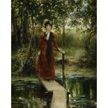 FRANCIS COATES JONES (American 1857-1932) A PAINTING, "Crossing the Lotus Lily Pond," oil on canvas,