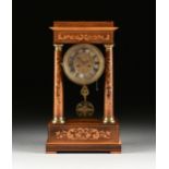 A RESTORATION MARQUETRY INLAID ORMOLU MOUNTED ROSEWOOD PORTICO CLOCK, FIRST HALF 19TH CENTURY, the
