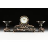 A FRENCH NEOCLASSICAL REVIVAL POLISHED PORTORO MARBLE MANTLE CLOCK GARNITURE, EARLY 20TH CENTURY,