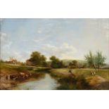 ADAM BARLAND (English a. 1843-1875) A PAINTING, "Watering Cattle Notice Figures in Landscape," 1861,