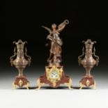 A THREE PIECE BELLE ÉPOQUE SPELTER AND GILT BRONZE MOUNTED ROUGE GRIOTTE GARNITURE, AUGUSTE