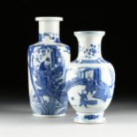 A GROUP OF TWO CHINESE BLUE AND WHITE FIGURAL BALUSTER AND ROULEAU PORCELAIN VASES, QING DYNASTY (