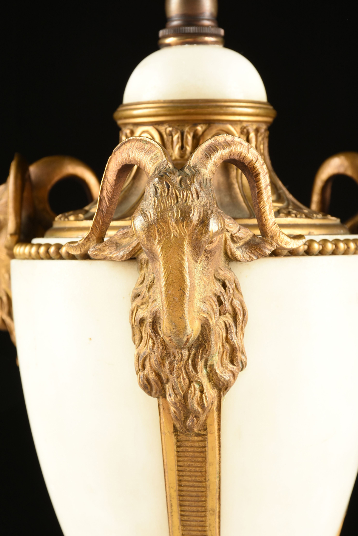 A PAIR OF LOUIS XVI STYLE GILT BRONZE MOUNTED WHITE MARBLE URNS, CIRCA 1900, the cabochon white - Image 6 of 10