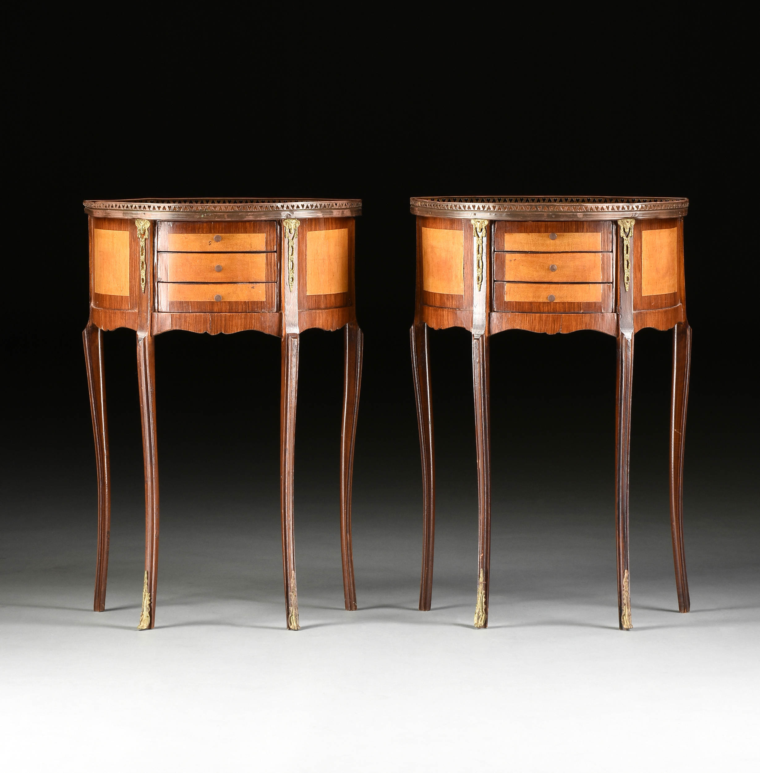 A PAIR OF LOUIS XV/XVI TRANSITIONAL STYLE BRONZE MOUNTED SATINWOOD AND MAHOGANY SIDE TABLES, 20TH