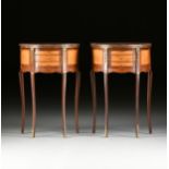 A PAIR OF LOUIS XV/XVI TRANSITIONAL STYLE BRONZE MOUNTED SATINWOOD AND MAHOGANY SIDE TABLES, 20TH