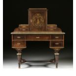 AN AUSTRIAN BRASS BOULLE MARQUETRY AND MOTHER-OF-PEARL INLAID ROSEWOOD KNEEHOLE DESK, THIRD