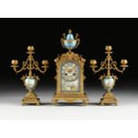 A FRENCH LOUIS XVI REVIVAL GILT BRONZE AND SÉVRES STYLE PORCELAIN MANTLE CLOCK WITH ASSOCIATED