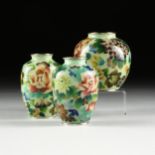 A GROUP OF THREE JAPANESE PLIQUE A JOUR BLUE AND GREEN GROUND GLASS FLOWER VASES, EARLY/MID 20TH
