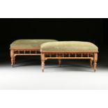 A PAIR OF AMERICAN AESTHETIC MOVEMENT MOHAIR UPHOLSTERED AND CARVED WOOD BENCHES, CIRCA 1875, each