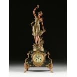 AN ART NOUVEAU PATINATED AND PAINTED SPELTER BLACK MARBLE CLOCK, after EMILE GUILLEMIN (French
