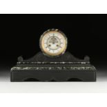 A NEOCLASSICAL STYLE VERDE ANTICO AND BELGE NOIR MARBLE OPEN ESCAPEMENT CLOCK, FRENCH, CIRCA 1880,