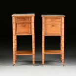 A PAIR OF AESTHETIC MOVEMENT BAMBOO FORM BURL MAPLE AND CHERRY MARBLE TOP NIGHTSTANDS, 1870-1890, in