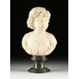 ITALIAN SCHOOL, A SCULPTURE, "Bust of Child with Flower Garland and Ribbon Sash," white marble