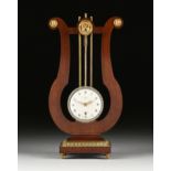 AN EMPIRE STYLE GILT BRONZE MOUNTED MAHOGANY LYRE FORM OSCILLATING CLOCK, BY LE DOUX, PARIS, LATE