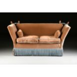 A KNOLE STYLE VELVET UPHOLSTERED LOVE SEAT, MODERN, the rectangular back with corner stained oak