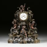 A GRAND ROCOCO REVIVAL PATINATED BRONZE FIGURAL MANTLE CLOCK, RETAILED BY BRULFER, PARIS, MID 19TH