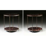 A PAIR OF CONTEMPORARY CUBE FAUX HORN LAMINATE AND PATINATED STEEL END TABLES, each of circular form