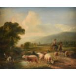 BALTHASAR PAUL OMMEGANCK (Flemish 1755-1826) A PAINTING, "Shepherds with Birdcage in Landscape