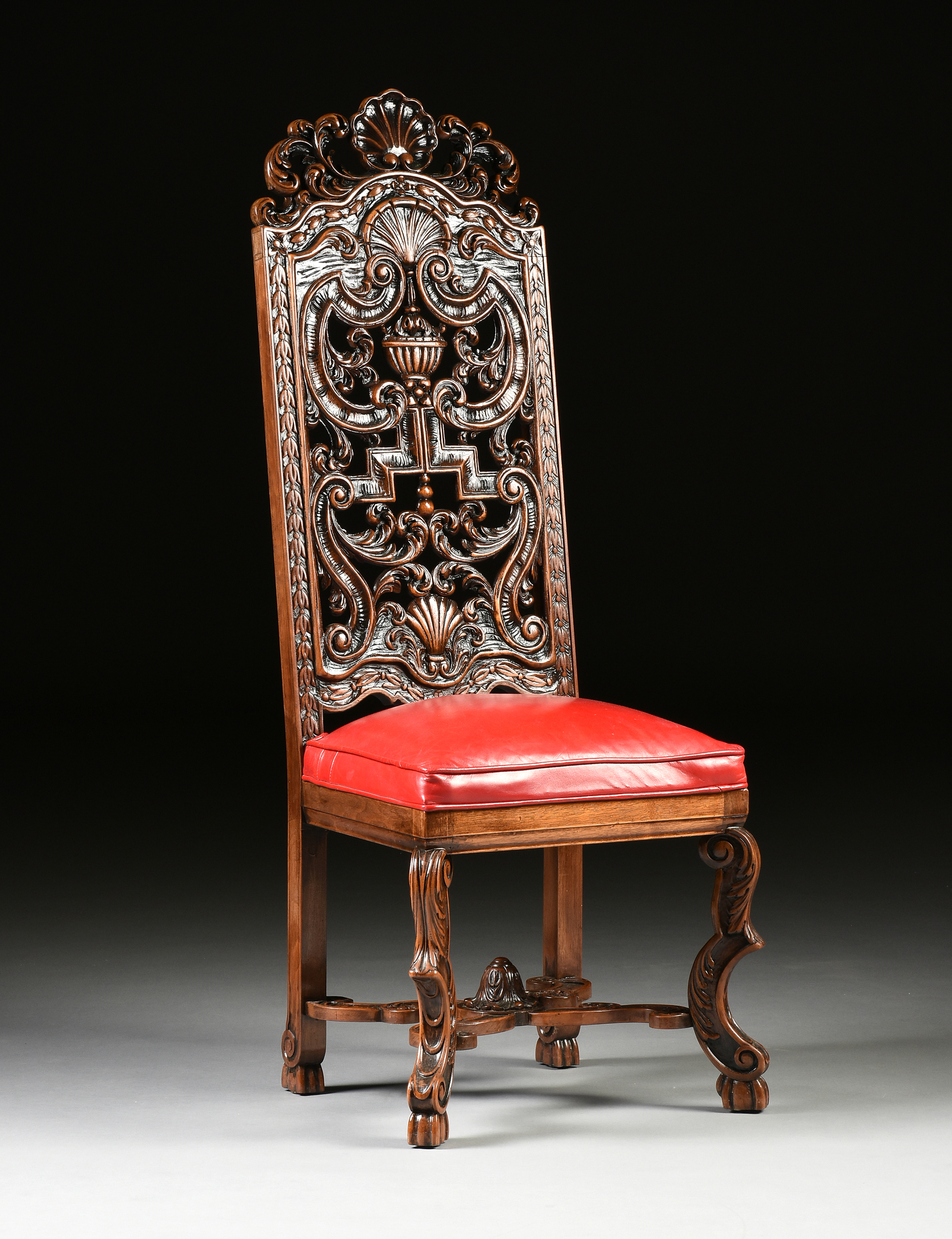 A CHARLES II STYLE CARVED WALNUT AND RED LEATHER UPHOLSTERED SIDE CHAIR, LATE 19TH/EARLY 20TH - Image 8 of 12