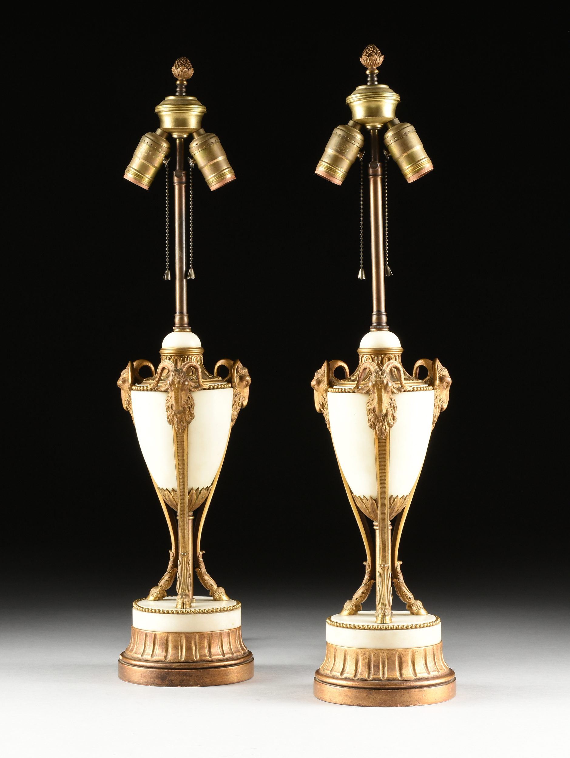 A PAIR OF LOUIS XVI STYLE GILT BRONZE MOUNTED WHITE MARBLE URNS, CIRCA 1900, the cabochon white - Image 2 of 10