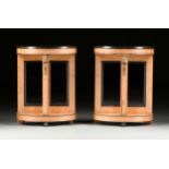 A PAIR OF EMPIRE STYLE MARBLE TOPPED AND MIRROR BACKED BIRCH CONSOLE TABLES, 20TH CENTURY, each with