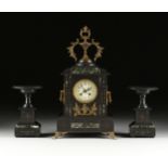 A THREE PIECE AESTHETIC MOVEMENT BELGE NOIR AND VERDE ANTICO METAL MOUNTED MARBLE CLOCK GARNITURE,
