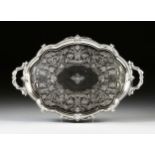 A VICTORIAN SILVERPLATED AND ENGRAVED TWO HANDLED TRAY, BY JAMES DIXON & SONS, SHEFFIELD, SECOND-