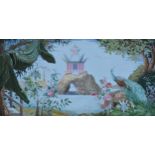A CHINOISERIE PEACOCK AND PAGODA FAUX WALLPAPER PANEL, 20TH CENTURY, acrylic on canvas, in the