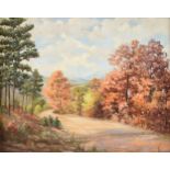 NORMA LOUISE ALCOTT KNIGHT (American/Texas 1910-2005) A PAINTING, "Pines on the Path in Fall
